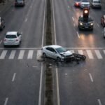 A dark and blurry photo of a traffic accident scene on a highway